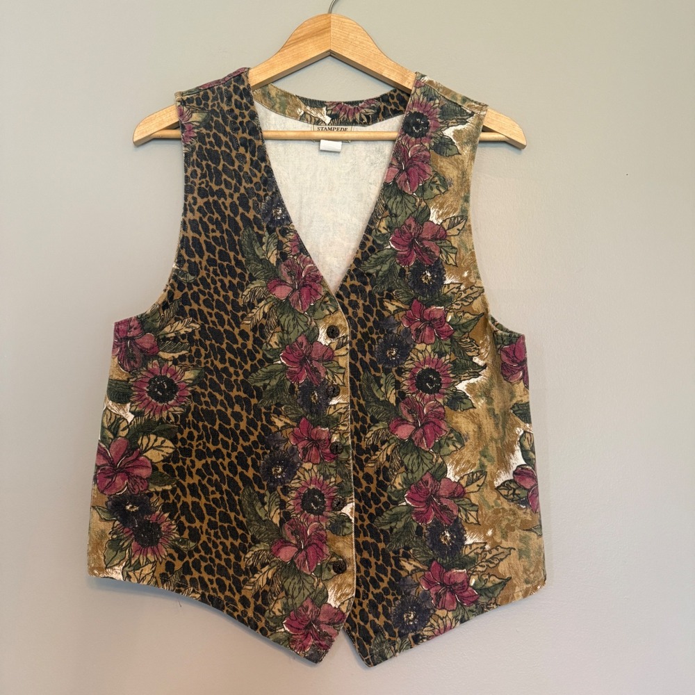 VTG Stampede Vintage Leopard Floral Denim Vest Womens Medium Made in USA Western